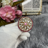 Real Kundan Round Shaped Adjustable Finger Ring - Adjustable- Pink