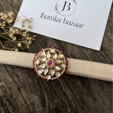 Real Kundan Round Shaped Adjustable Finger Ring - Adjustable- Pink