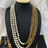 Shell Pearl Three Layer Royal Long Mala With Golden Hydro Beads Necklace