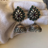 Silver Plated Antique Jhumki - Green & Pink