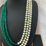 Shell Pearl Three Layer Royal Long Mala With Green Hydro Beads Necklace
