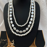 Tripple Layered Pearl Necklace With Earrings