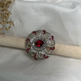 Ruby Color Silver Plated America Diamond Cocktail Oversized Adjustable Ring- Free Size