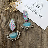 HANDMADE PAINTING EARRINGS | ADORABLE SILVER REPLICA BRASS STONE EARRINGS- SKY BLUE