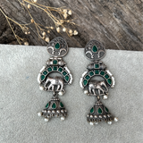 Royal Elephant Brass With Pearl Earring- Statement - Green