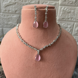 Silver Plated Pink American Dimaond Single Neckline Necklace With Earrings