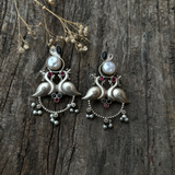 DUAL PEACOCK ANTIQUE BRASS EARRING WITH PEARLS - RED/BLACK
