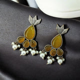 Antique Silver Touch Studs Earrings | Unique Monalisa Stone- Yellow