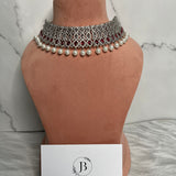 American Diamond Fully Embellished Choker With Drop Pearl Ad Necklace With Earring And Maangtikka