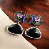 Handpainted Peacock Earrings | Best Monalisa Stone Stud with Lotus Touch- Black
