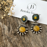 SILVER REPLICA EARRINGS WITH MONALISA STONE & ADORABLE PEARL WORK- YELLOW GREEN