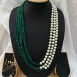 Shell Pearl Three Layer Royal Long Mala With Green Hydro Beads Necklace
