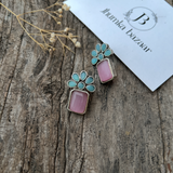 Tiny Brass Stud Earrings- Pink Blue