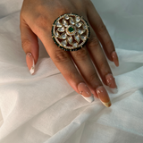 Real Kundan Round Shaped Adjustable Finger Ring - Adjustable- Green