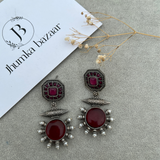 Silver Replica Earrings with Monalisa Stone & Adorable Pearl Work- Red