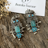 ANTIQUE SILVER PLATED ELEPHANT DESIGN EARRINGS- SKYBLUE