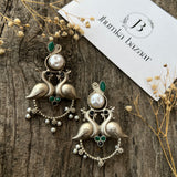 Dual Peacock Antique Brass Earring With Pearls