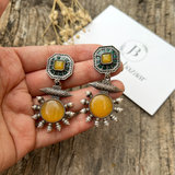 SILVER REPLICA EARRINGS WITH MONALISA STONE & ADORABLE PEARL WORK- YELLOW GREEN