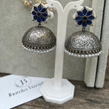 Silver Replica Big Size Jhumka Earrings with Intricate Flower & Pearl Work- Blue