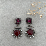 Silver Replica Earrings with Monalisa Stone & Adorable Pearl Work- Red