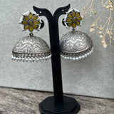Antique Silver Big Jhumka Earrings with Pearls & Floral Design- Yellow