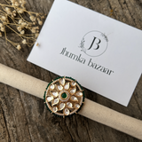 Real Kundan Round Shaped Adjustable Finger Ring - Adjustable- Green