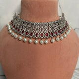 American Diamond Fully Embellished Choker With Drop Pearl Ad Necklace With Earring And Maangtikka