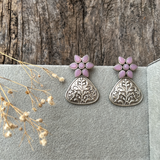 Brass Metal Flower Triangle Shaped Earrings- Pink