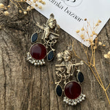 Radha Krishna Brass Earring With Monalisa Stone- Blue Red