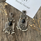 Silver Replica Lotus Flower Inspired Brass Earring - Monalisa Stone-pearl- Black