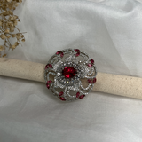 Ruby Color Silver Plated America Diamond Cocktail Oversized Adjustable Ring- Free Size