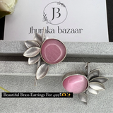 Monalisa Stone Half Flower Stud Brass Earrings – Attractive Silver Replica- Pink