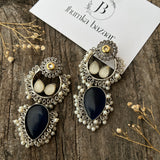 Antique Silver Replica With Monalisa Big Stone With Pearl And Pachi Kundan- Blue