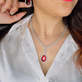 American Diamond Red Big Stone Single Neckline Necklace With Drop Ad Earrings