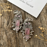Antique Silver Plated Elephant Design Earrings- Pink