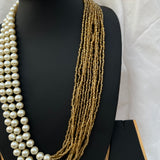 Shell Pearl Three Layer Royal Long Mala With Golden Hydro Beads Necklace