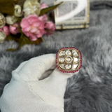 Real Kundan Polki Square Shaped Adjustable Ring- Ruby