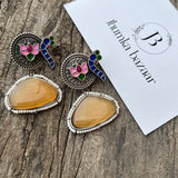 Handpainted Peacock Earrings | Best Monalisa Stone Stud with Lotus Touch- Yellow