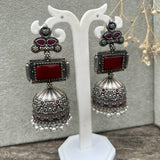 Unique Silver Replica Brass Jumbo Jhumka With Monalisa Stones- Maroon