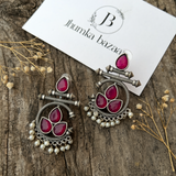 Designer Brass Silver Look aLike Unique Dangler Earrings- Dark Pink