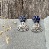 Brass Metal Flower Triangle Shaped Earrings - Blue