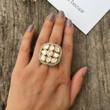 Real Kundan Polki Square Shaped Adjustable Ring- Mint