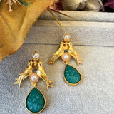 Brass Golden Bird Drop Earring With Carving Stone