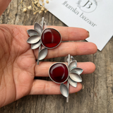 MONALISA STONE HALF FLOWER STUD BRASS EARRINGS – ATTRACTIVE SILVER REPLICA POLISH- RED