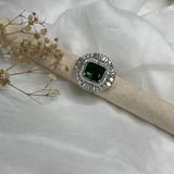 Silver Plated American Diamond With Green Stone Adjustable Ring