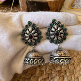 Silver Plated Antique Jhumki - Green & Pink