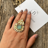 Polki Kundan Kalash Style Dual Tone  Adjustable Ring With Carving Stone - Mint