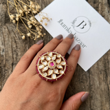 Real Kundan Round Shaped Adjustable Finger Ring - Adjustable- Pink