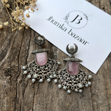 SILVER REPLICA OXIDIZED HALF MOON DANGLER EARRINGS WITH UNIQUE PEARL & FLORAL ART - PINK
