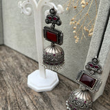 Unique Silver Replica Brass Jumbo Jhumka With Monalisa Stones- Maroon